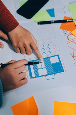 UX UI tasarımcısı prototipi bir telefon üzerinde test ediyor, web sitesi ve mobil uygulama tasarım konseptinde bir web sitesi ve mobil uygulama prototipi için telgraflar üzerinde tartışıyor ve beyin fırtınası yapıyor.