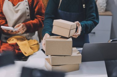 Küçük işletmeler kurma portresi KOBİ sahipleri ve iki Asyalı kadın online siparişleri kontrol ediyor. Ev işlerinde çalışan kutucuklarla çalışan ürünleri satıyorlar.