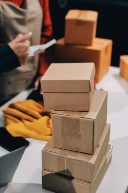 Küçük işletmeler kurma portresi KOBİ sahipleri ve iki Asyalı kadın online siparişleri kontrol ediyor. Ev işlerinde çalışan kutucuklarla çalışan ürünleri satıyorlar.