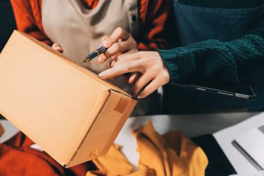 Küçük işletmeler kurma portresi KOBİ sahipleri ve iki Asyalı kadın online siparişleri kontrol ediyor. Ev işlerinde çalışan kutucuklarla çalışan ürünleri satıyorlar.