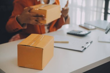Kuruluş KOBİ küçük serbest Asyalı kadın girişimcisi kutulu bir dizüstü bilgisayar kullanarak mutlu Asyalı kadın elini online pazarlama paketlemesini kaldırdı ve KOBİ fikri sundu