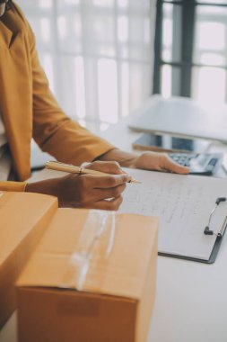 Kuruluş KOBİ küçük serbest Asyalı kadın girişimcisi kutulu bir dizüstü bilgisayar kullanarak mutlu Asyalı kadın elini online pazarlama paketlemesini kaldırdı ve KOBİ fikri sundu