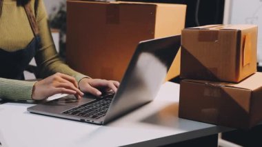 Dizüstü bilgisayarda çalışan ve internetten kontrol eden genç bir kadın.