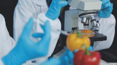 Laboratuvarda kırmızı sıvı içeren cam matarayı tutan bilim adamlarının elleri..