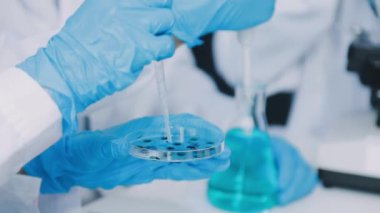 Mavi eldivenli bilim adamı laboratuarda sıvı test tüpleri tutuyor.