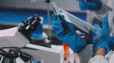 Eldivenli ve eldivenli kadın doktorların modern tıp laboratuarında, sağlık hizmetlerinde ve tıbbi konseptte üzerinde kan örneği bulunan test tüpü tutmalarını istiyorum.