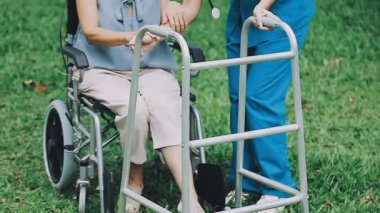 Parkta tekerlekli sandalyedeki kadın ve engelli kişi, engelli konsepti