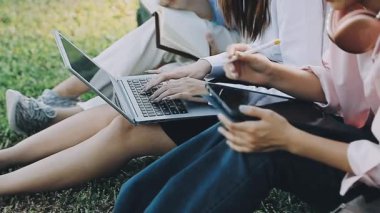 Bir grup arkadaş parkta oturup dizüstü bilgisayar kullanıyorlar.