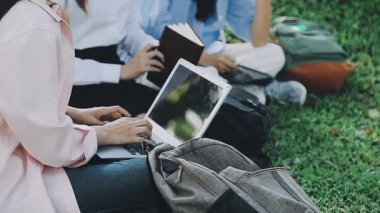 Genç Asyalı kadınlar parkta oturup tablet bilgisayar kullanıyorlar..