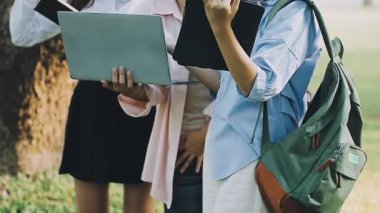 Asyalı kız öğrenciler parkta dizüstü bilgisayar kullanıyorlar..