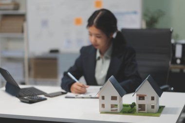 Emlakçılar, konut modellerini müşterilere ayrıntılı bir şekilde anlatma, evler ve satın alma kredileri hakkında bilgi verme ve sunma konularında açıklar. Gayrimenkul ticareti.