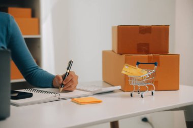 İş kadını küçük işletme girişimcisi KOBİ 'nin başarısını başlatır. Çevrimiçi Paket dağıtımı için evde çalışan serbest çalışan kadın. KOBİ ve ambalaj teslimat kavramı