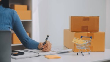 İş kadını küçük işletme girişimcisi KOBİ 'nin başarısını başlatır. Çevrimiçi Paket dağıtımı için evde çalışan serbest çalışan kadın. KOBİ ve ambalaj teslimat kavramı