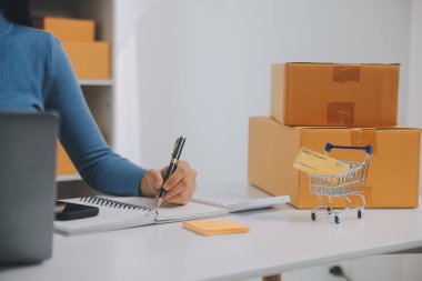 İş kadını küçük işletme girişimcisi KOBİ 'nin başarısını başlatır. Çevrimiçi Paket dağıtımı için evde çalışan serbest çalışan kadın. KOBİ ve ambalaj teslimat kavramı