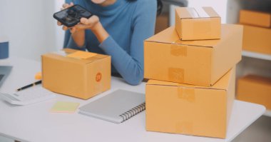 İş kadını küçük işletme girişimcisi KOBİ 'nin başarısını başlatır. Çevrimiçi Paket dağıtımı için evde çalışan serbest çalışan kadın. KOBİ ve ambalaj teslimat kavramı