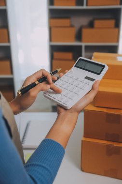 İş kadını küçük işletme girişimcisi KOBİ 'nin başarısını başlatır. Çevrimiçi Paket dağıtımı için evde çalışan serbest çalışan kadın. KOBİ ve ambalaj teslimat kavramı