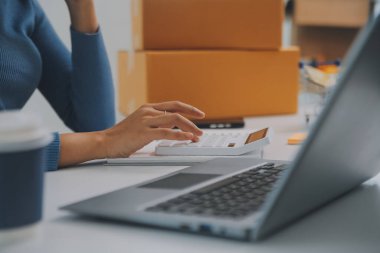 İş kadını küçük işletme girişimcisi KOBİ 'nin başarısını başlatır. Çevrimiçi Paket dağıtımı için evde çalışan serbest çalışan kadın. KOBİ ve ambalaj teslimat kavramı