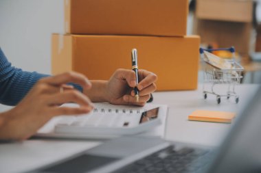 İş kadını küçük işletme girişimcisi KOBİ 'nin başarısını başlatır. Çevrimiçi Paket dağıtımı için evde çalışan serbest çalışan kadın. KOBİ ve ambalaj teslimat kavramı