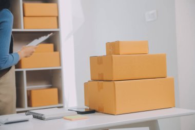 İş kadını küçük işletme girişimcisi KOBİ 'nin başarısını başlatır. Çevrimiçi Paket dağıtımı için evde çalışan serbest çalışan kadın. KOBİ ve ambalaj teslimat kavramı