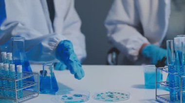 Mavi eldivenli bilim adamı kimyasal sıvıyla test tüpü tutuyor.