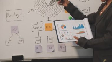 İş adamı, ofisteki yazı tahtasını işaret ediyor