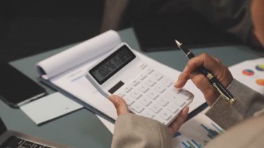 İş kadını finansal tablolar üzerinde çalışıyor ve dizüstü bilgisayar kullanıyor.