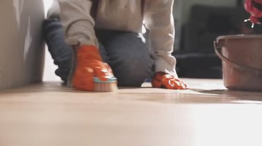 Eldivenli kadın, dairede tahta bir parke ile zemin yapıyor. Ev onarımı, yenileme konsepti..