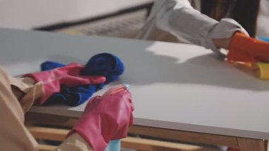 Eldivenli ve fırçalı kadın elini odaya yaklaştır.