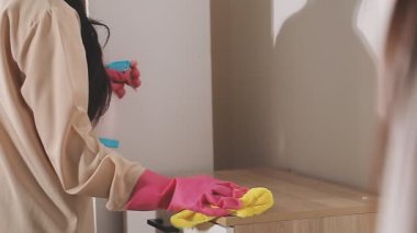 Lastik eldivenli kadın mutfağı temizliyor.