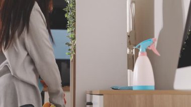 Evi paçavra ve sprey şişeyle temizleyen kadın.
