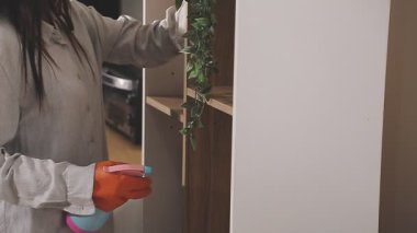 Evini paçavra ve eldivenle temizleyen kadın.