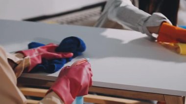 Kadın eli eldiven ve eldiven giyer mutfak tezgahında