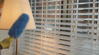 Oturma odasının camını temizleyen eldivenli kadın.