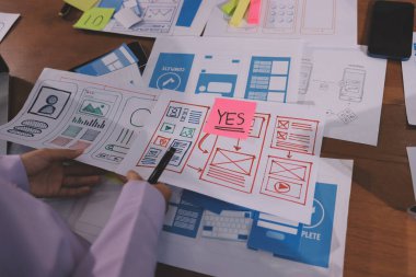 Mobil uygulama arayüzü kablo dizaynı hakkında modern ofisteki müşteri breif ve renk kodu ile fikir alışverişinde bulunan uu geliştirici ve ui tasarımcısını kapat. Yaratıcı dijital geliştirme ajansı.