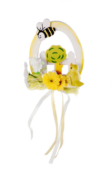 Easter Decoration With A Bee And A Bird Isolated On A White Background 