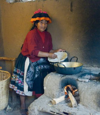 Yerli Perulu kadın Cachangas bir ilkel taş fırın aka kızarmış ekmek hazırlanıyor. 22 Ekim 2012 - Paru Paru, Peru