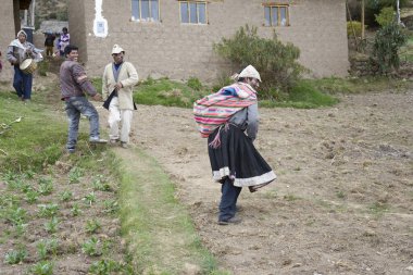 İki adam elbiseler koca ve karısı ve dans, nerede eski and ayini yayla Amaru toplumda yerel düğün üzerinde gerçekleştirilen. 22 Ekim 2012 - Amaru, Peru