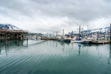 Balıkçı tekneleri görünümünü moored liman Seward ve kar kaplı dağların arkasında, Alaska