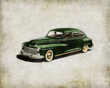 Retro araba - Amerikan klasikleri. Taranmış arka plan üzerinde yeşil antika otomobil.
