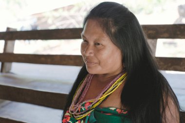 Embera Drua Köyü 'nden gülümseyen Kato Kızılderili kadının portresi. 23 Nisan 2013 - Embera Drua, Panama