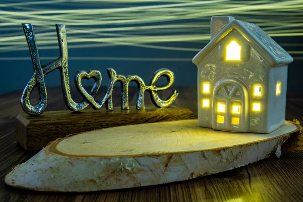 Metal Home Sing Ceramic House Wavy Light Background — Stock Photo, Image