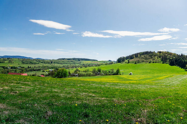 A green grassy field stretches out in the foreground, leading up to a hill in the distance. The hill is covered in trees and bushes, under a clear blue sky.
