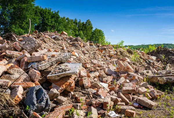 stock image Overgrown Ruins of a Brick Structure Under a Blue Sky