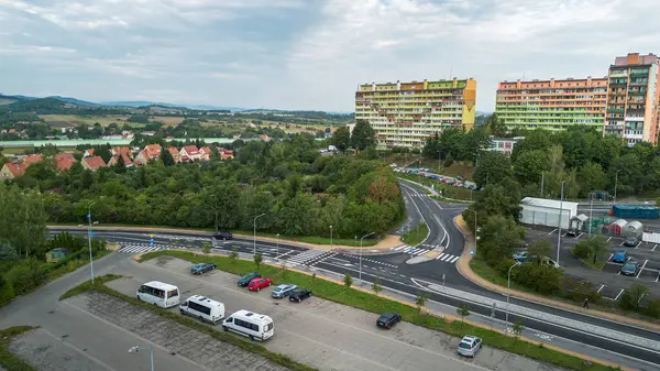 stock image Aerial View of Urban Area With Roundabout and Residential Buildings in Daylight