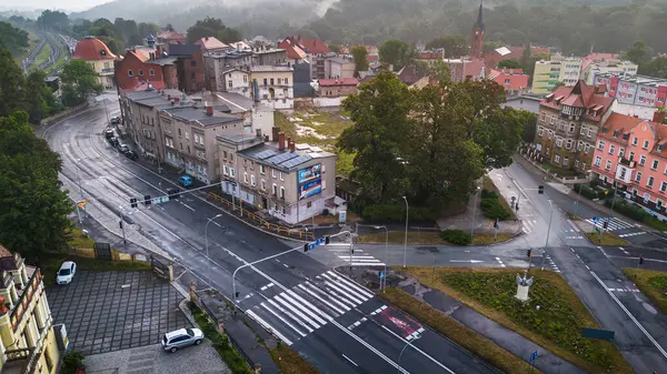 stock image Walbrzych, Poland - 08.03.2024: Aerial View of Walbrzych City Square With Historic Buildings and Rainy Atmosphere