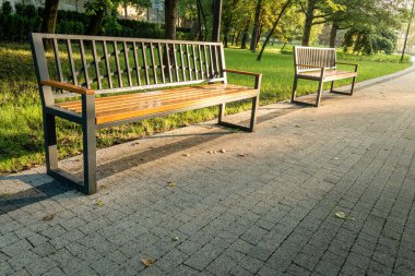 Sabahın erken saatlerinde sakin bir parktaki boş bankları aydınlatan güneş ışığı.