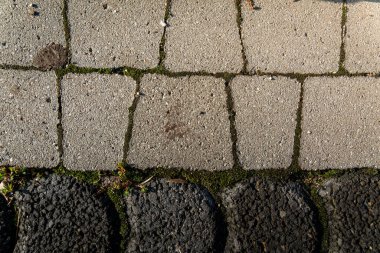 Gün ışığında eklemlerinde yosun büyüyen desenli kaldırım taşı ve beton yolların yakın görüntüsü