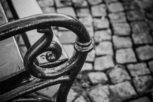 Yağmurlu bir günde siyah beyaz bir bankın ve kaldırımtaşı sokağın detaylı görüntüsü