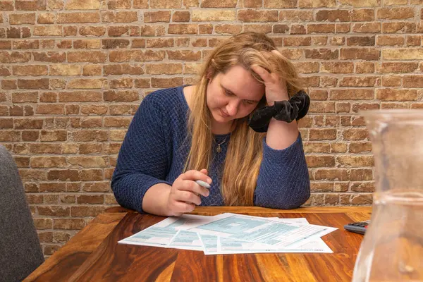 Şaşkın Kadın kapalı bir ortamda 1040 ABD gelir vergisi formunu tamamlamaya odaklandı