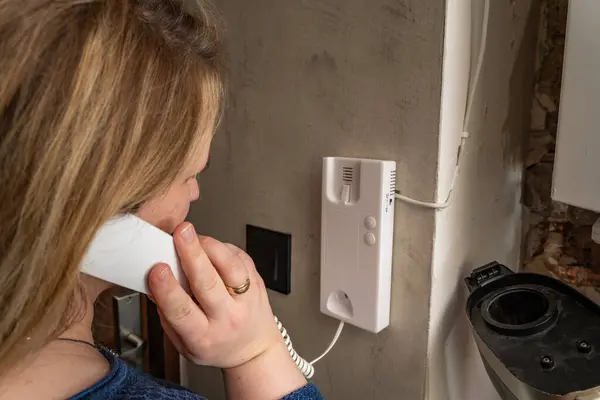 Ev dekorasyonunda ev telefonuyla konuşan bir kadın.